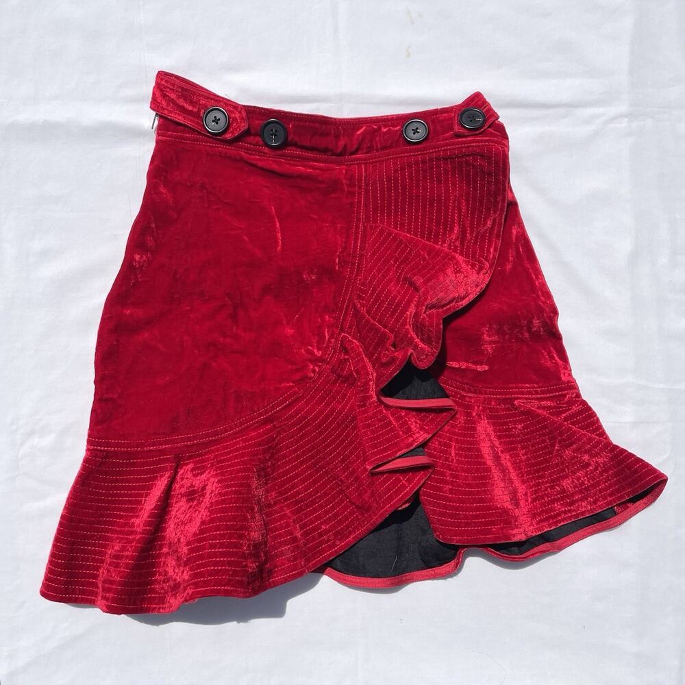 Self Portrait Red Velvet Ruffled Mini Skirt Womens US 4